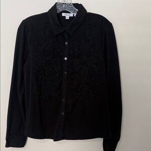 Chicos Black Blouse, size 1 (US size 8) appliqués on front